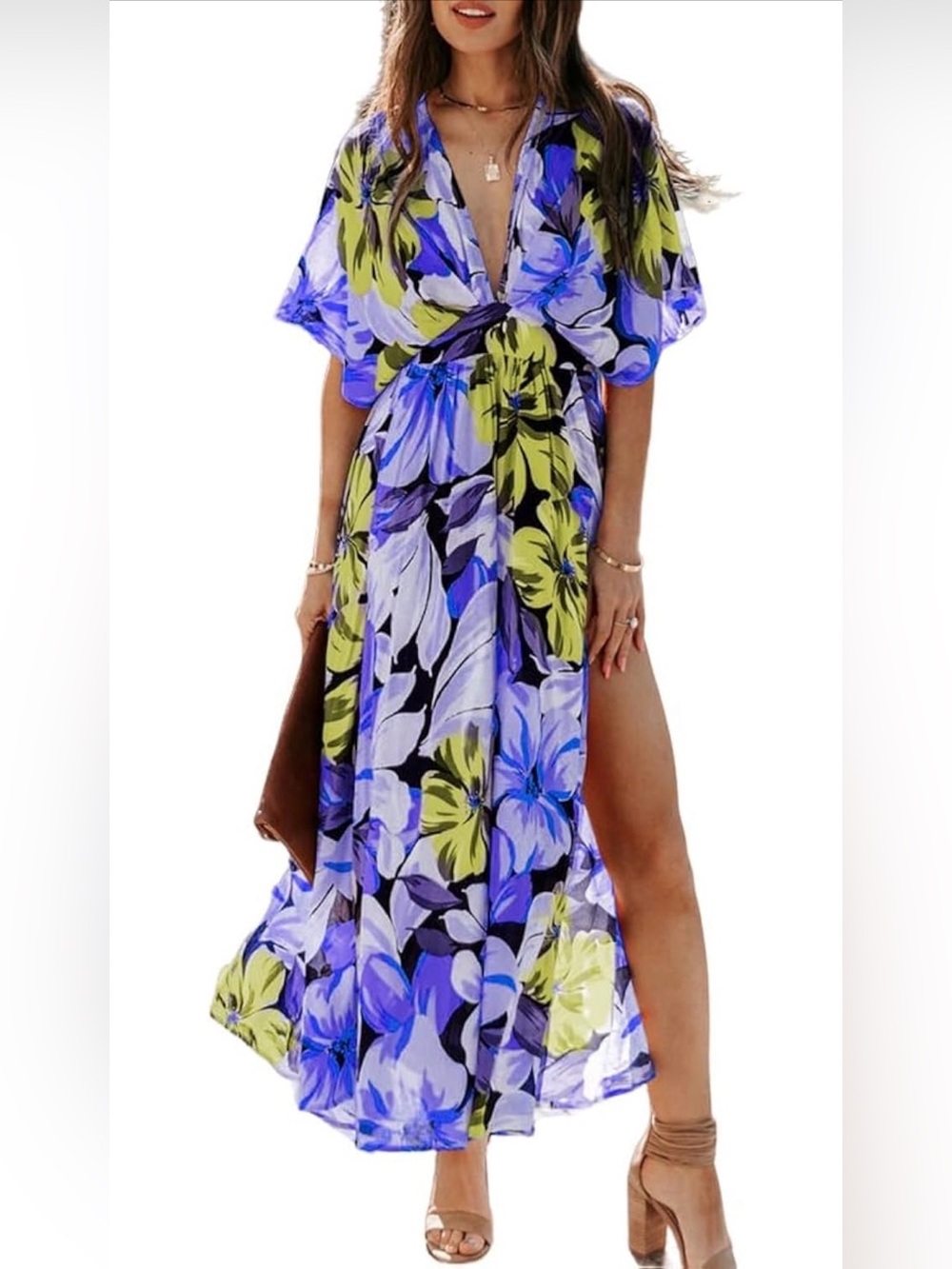 NWOT Boho Floral Print Square Neck Beach Party Flowy Ruffle Midi Dress, Medium